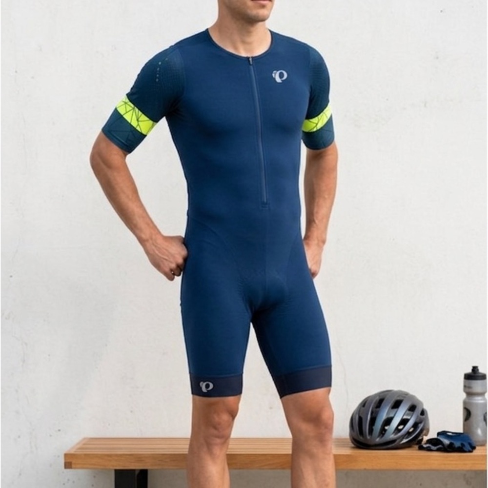 PEARL IZUMI Navy with Neon Yellow Sleeve Accent Men’s One-Piece Tri Suit.